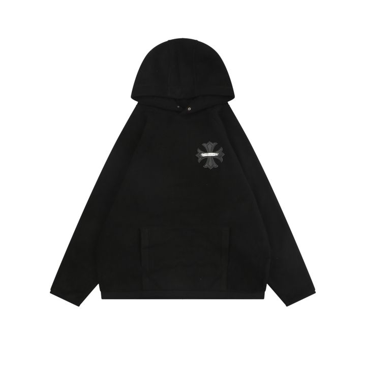 Chrome Hearts black cross lambskin patch double sided fleece hoodie loopback brushed fabric scroll leather detail aged silver tone snap hardware sizes S-L