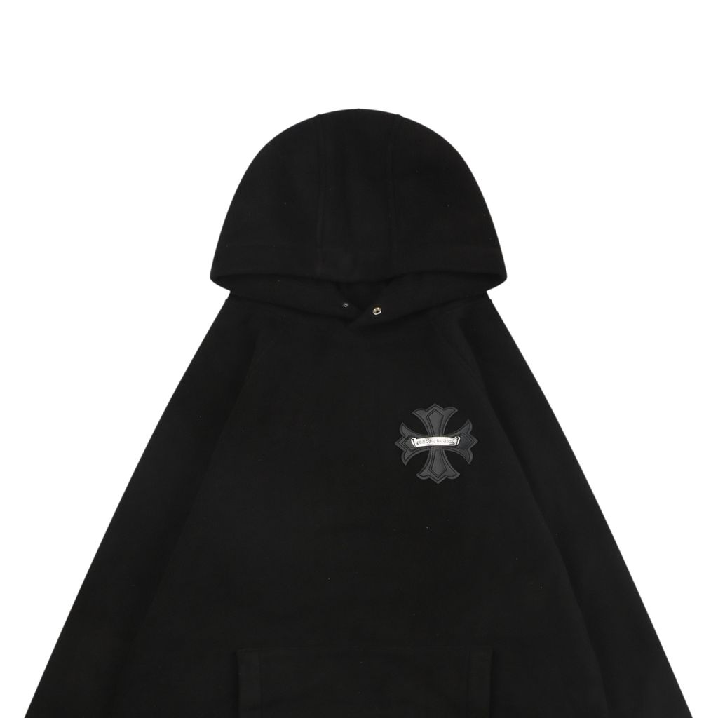 Chrome Hearts black cross lambskin patch double sided fleece hoodie loopback brushed fabric scroll leather detail aged silver tone snap hardware sizes S-L