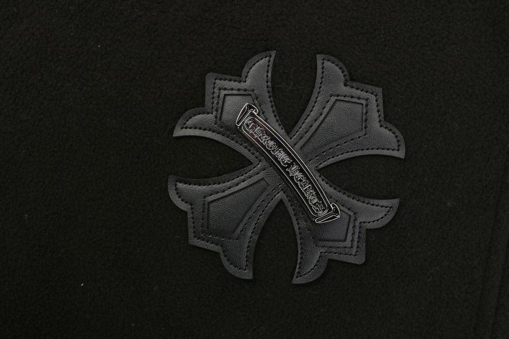 Chrome Hearts black cross lambskin patch double sided fleece hoodie loopback brushed fabric scroll leather detail aged silver tone snap hardware sizes S-L
