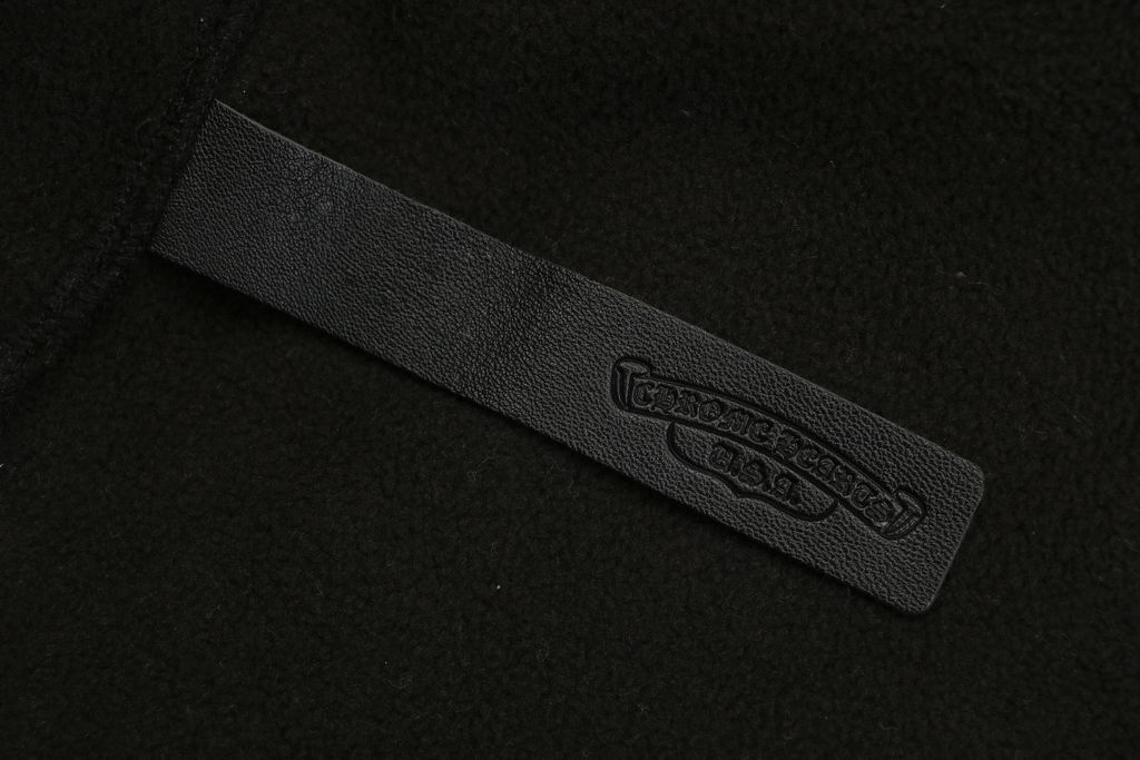 Chrome Hearts black cross lambskin patch double sided fleece hoodie loopback brushed fabric scroll leather detail aged silver tone snap hardware sizes S-L