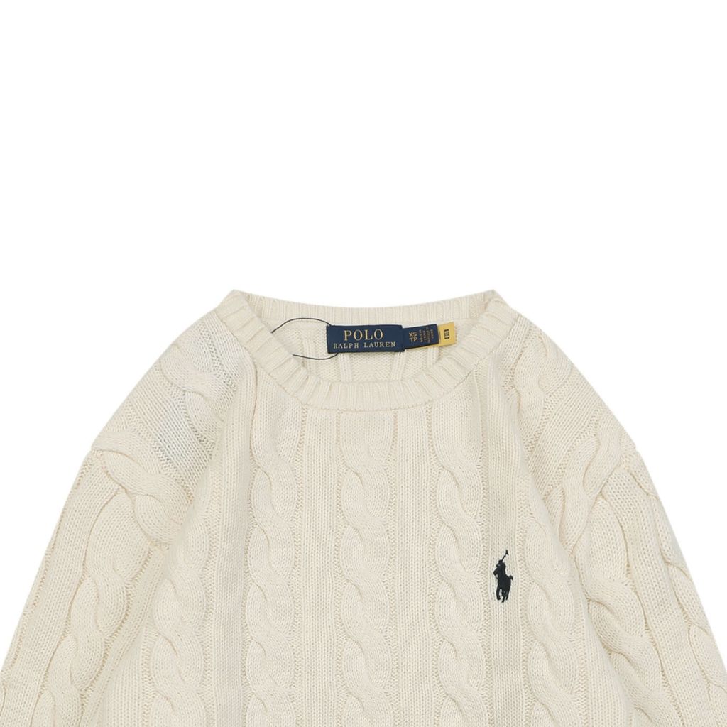 Ralph Lauren Pony Logo cable knit crew neck sweater beige 100 percent long staple cotton 32 count yarn 6x6 STOLL knit Barudan embroidery unisex sizes XS-2XL