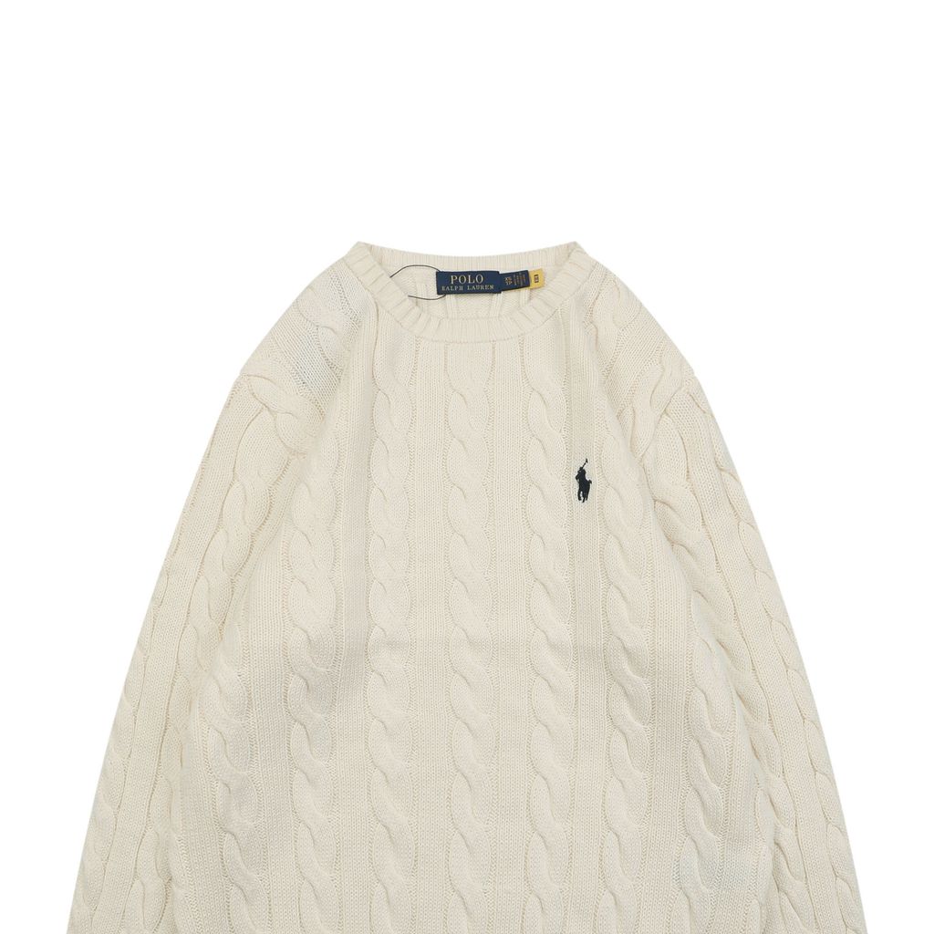 Ralph Lauren Pony Logo cable knit crew neck sweater beige 100 percent long staple cotton 32 count yarn 6x6 STOLL knit Barudan embroidery unisex sizes XS-2XL