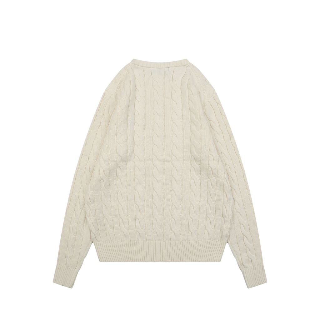 Ralph Lauren Pony Logo cable knit crew neck sweater beige 100 percent long staple cotton 32 count yarn 6x6 STOLL knit Barudan embroidery unisex sizes XS-2XL