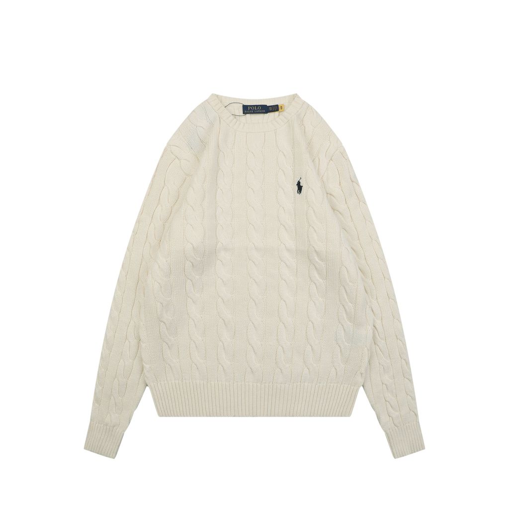 Ralph Lauren Pony Logo cable knit crew neck sweater beige 100 percent long staple cotton 32 count yarn 6x6 STOLL knit Barudan embroidery unisex sizes XS-2XL