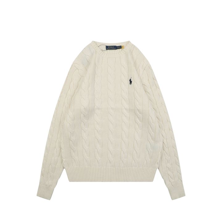 Ralph Lauren Pony Logo cable knit crew neck sweater beige 100 percent long staple cotton 32 count yarn 6x6 STOLL knit Barudan embroidery unisex sizes XS-2XL
