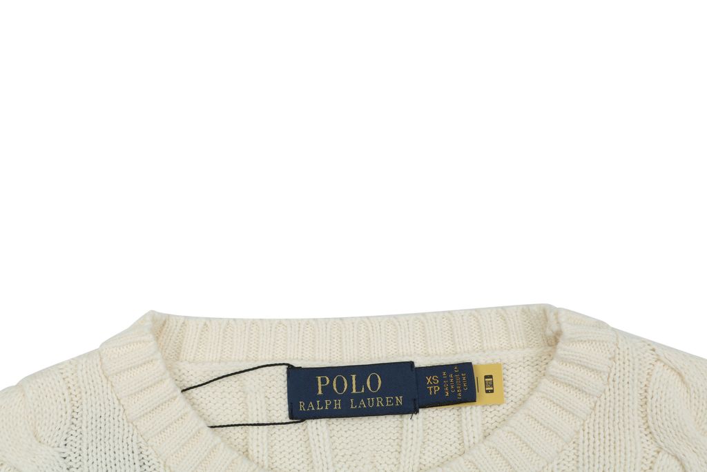 Ralph Lauren Pony Logo cable knit crew neck sweater beige 100 percent long staple cotton 32 count yarn 6x6 STOLL knit Barudan embroidery unisex sizes XS-2XL