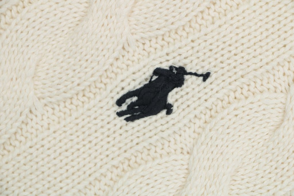 Ralph Lauren Pony Logo cable knit crew neck sweater beige 100 percent long staple cotton 32 count yarn 6x6 STOLL knit Barudan embroidery unisex sizes XS-2XL