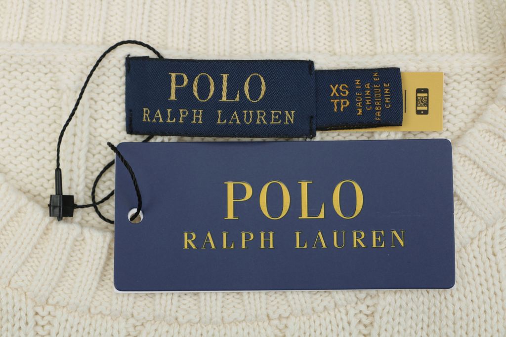 Ralph Lauren Pony Logo cable knit crew neck sweater beige 100 percent long staple cotton 32 count yarn 6x6 STOLL knit Barudan embroidery unisex sizes XS-2XL