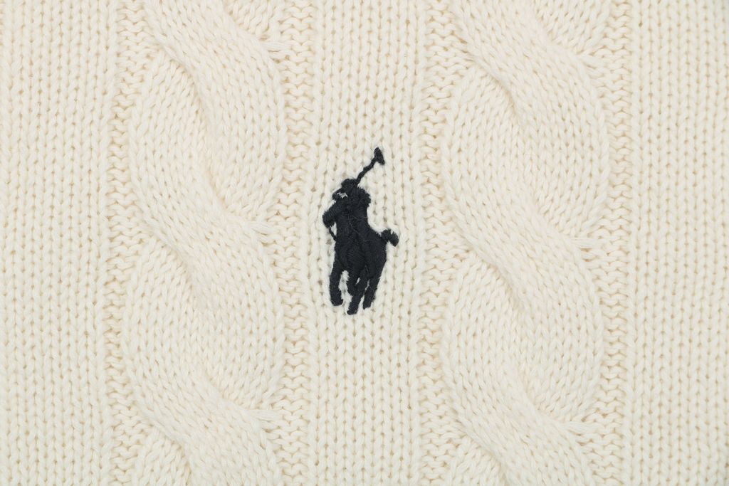 Ralph Lauren Pony Logo cable knit crew neck sweater beige 100 percent long staple cotton 32 count yarn 6x6 STOLL knit Barudan embroidery unisex sizes XS-2XL