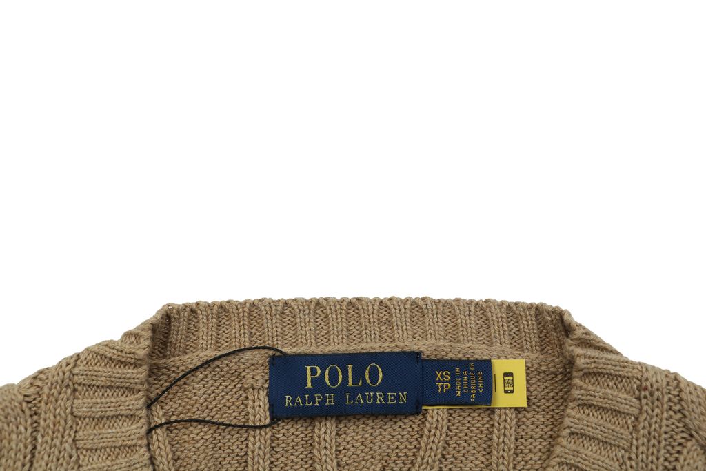 Ralph Lauren Pony Logo cable knit crew neck sweater khaki 100 percent long staple cotton 32 count yarn 6x6 STOLL knit Barudan embroidery unisex sizes XS-XL