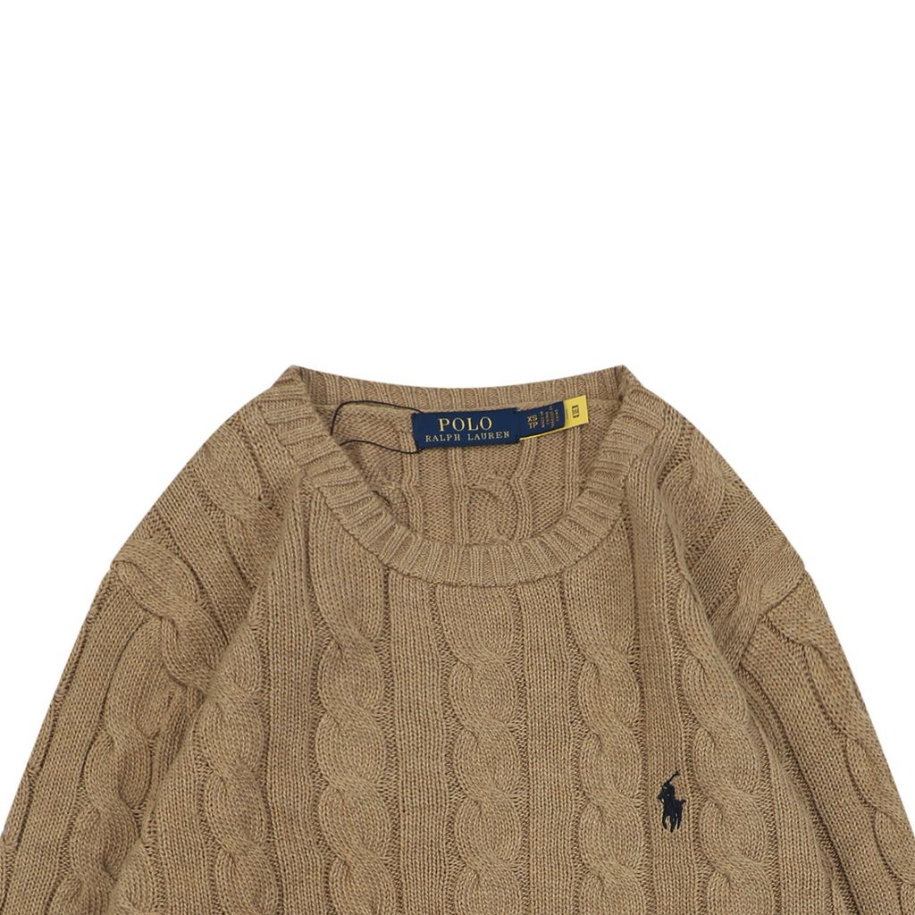 Ralph Lauren Pony Logo cable knit crew neck sweater khaki 100 percent long staple cotton 32 count yarn 6x6 STOLL knit Barudan embroidery unisex sizes XS-XL