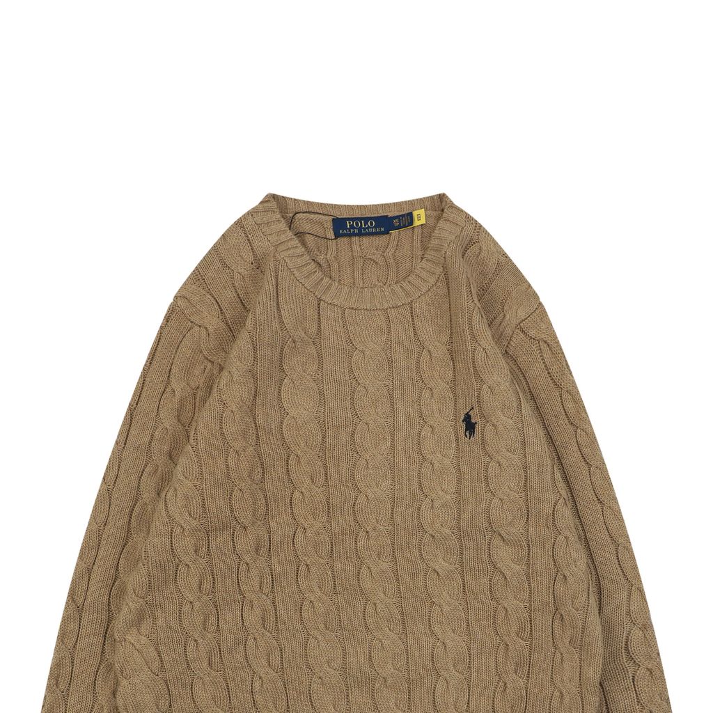 Ralph Lauren Pony Logo cable knit crew neck sweater khaki 100 percent long staple cotton 32 count yarn 6x6 STOLL knit Barudan embroidery unisex sizes XS-XL