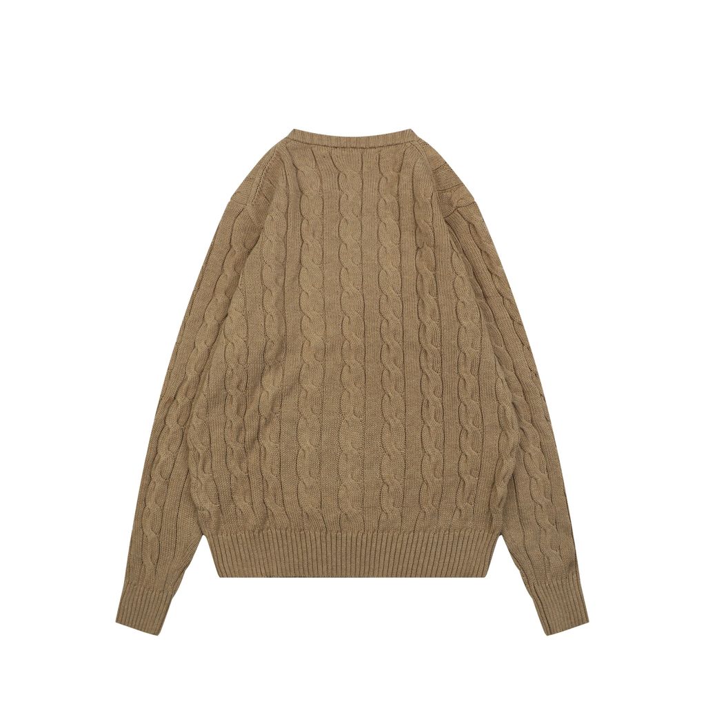 Ralph Lauren Pony Logo cable knit crew neck sweater khaki 100 percent long staple cotton 32 count yarn 6x6 STOLL knit Barudan embroidery unisex sizes XS-XL