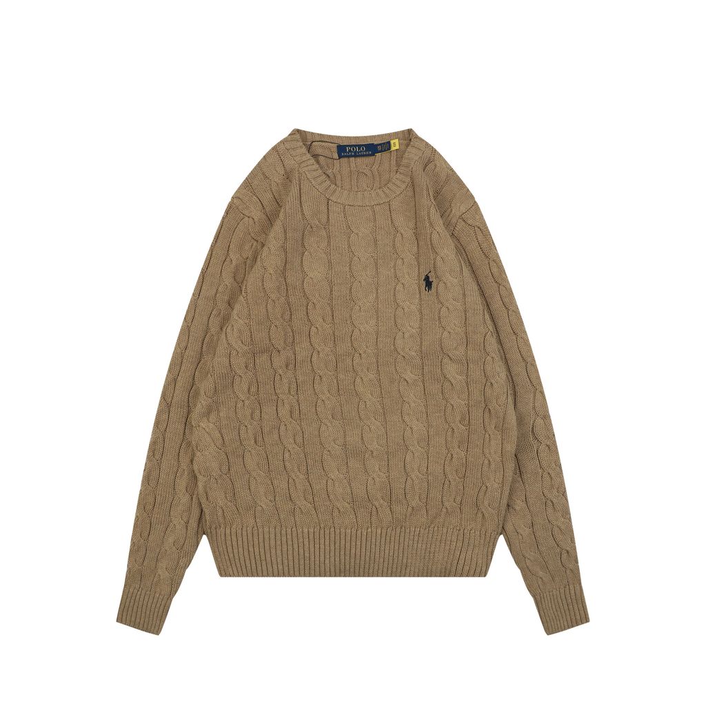 Ralph Lauren Pony Logo cable knit crew neck sweater khaki 100 percent long staple cotton 32 count yarn 6x6 STOLL knit Barudan embroidery unisex sizes XS-XL