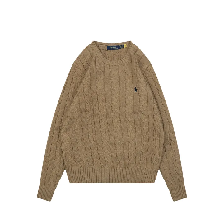 Ralph Lauren Pony Logo cable knit crew neck sweater khaki 100 percent long staple cotton 32 count yarn 6x6 STOLL knit Barudan embroidery unisex sizes XS-XL