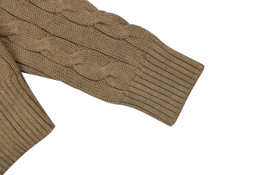 Ralph Lauren Pony Logo cable knit crew neck sweater khaki 100 percent long staple cotton 32 count yarn 6x6 STOLL knit Barudan embroidery unisex sizes XS-XL