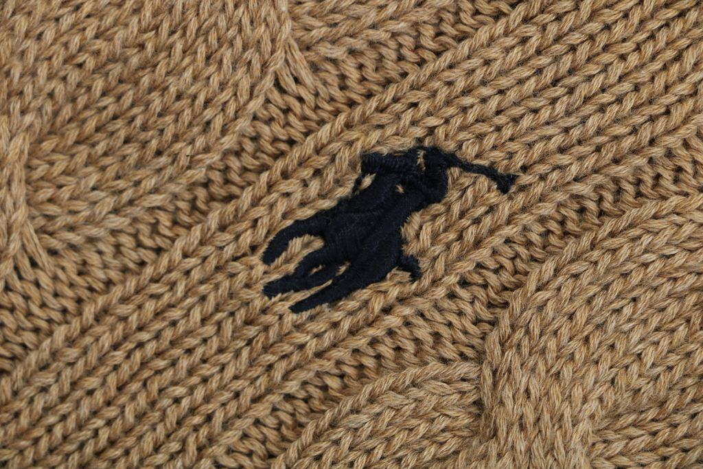 Ralph Lauren Pony Logo cable knit crew neck sweater khaki 100 percent long staple cotton 32 count yarn 6x6 STOLL knit Barudan embroidery unisex sizes XS-XL