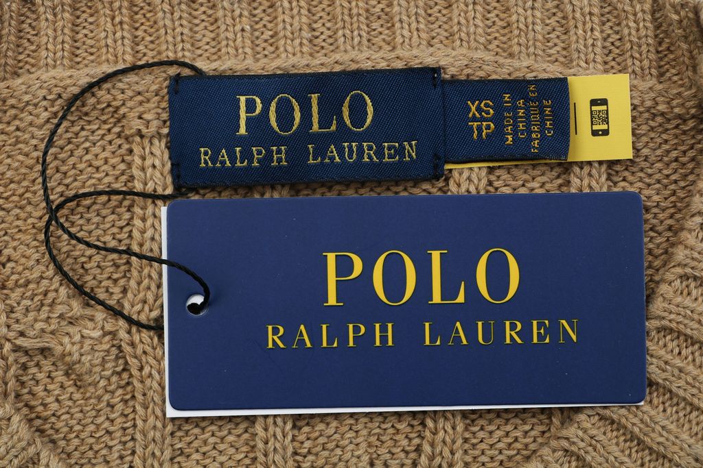Ralph Lauren Pony Logo cable knit crew neck sweater khaki 100 percent long staple cotton 32 count yarn 6x6 STOLL knit Barudan embroidery unisex sizes XS-XL