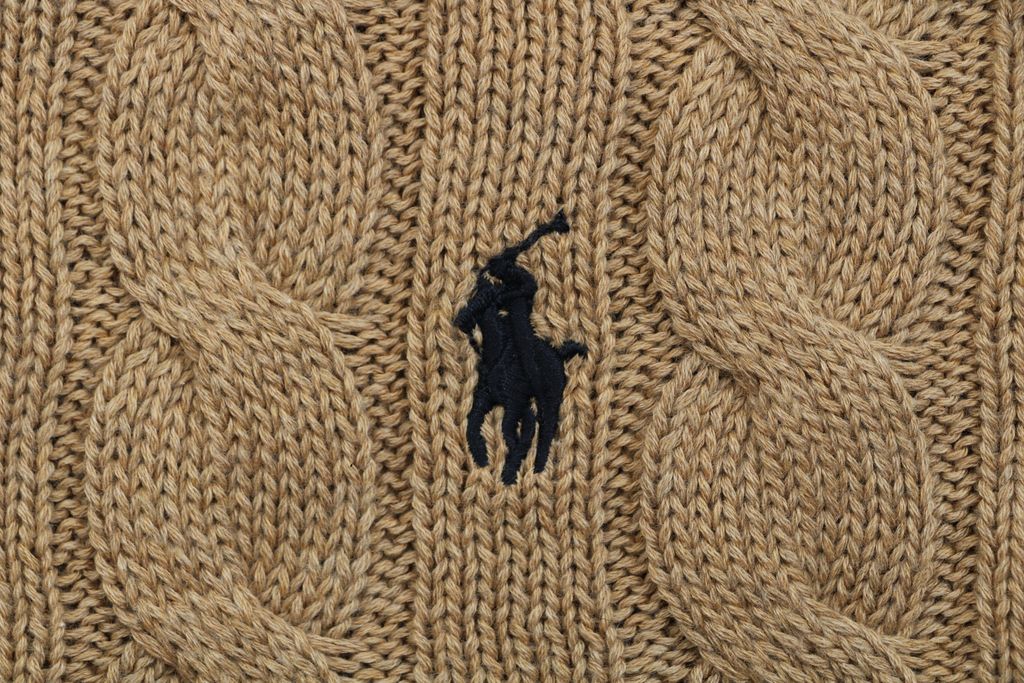 Ralph Lauren Pony Logo cable knit crew neck sweater khaki 100 percent long staple cotton 32 count yarn 6x6 STOLL knit Barudan embroidery unisex sizes XS-XL