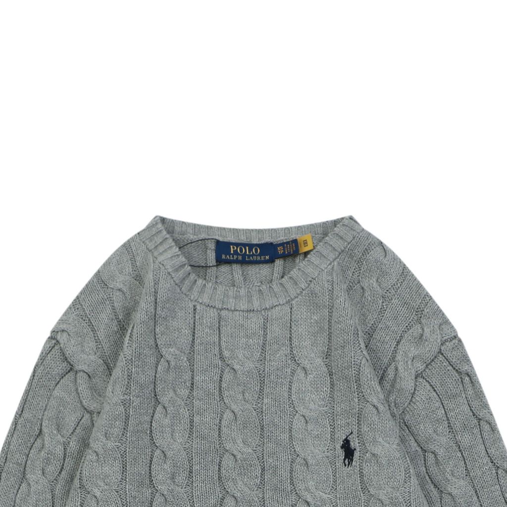 Ralph Lauren Pony Logo cable knit crew neck sweater grey heather 100 percent long staple cotton 32 count yarn 6x6 STOLL knit Barudan embroidery unisex sizes XS-XL