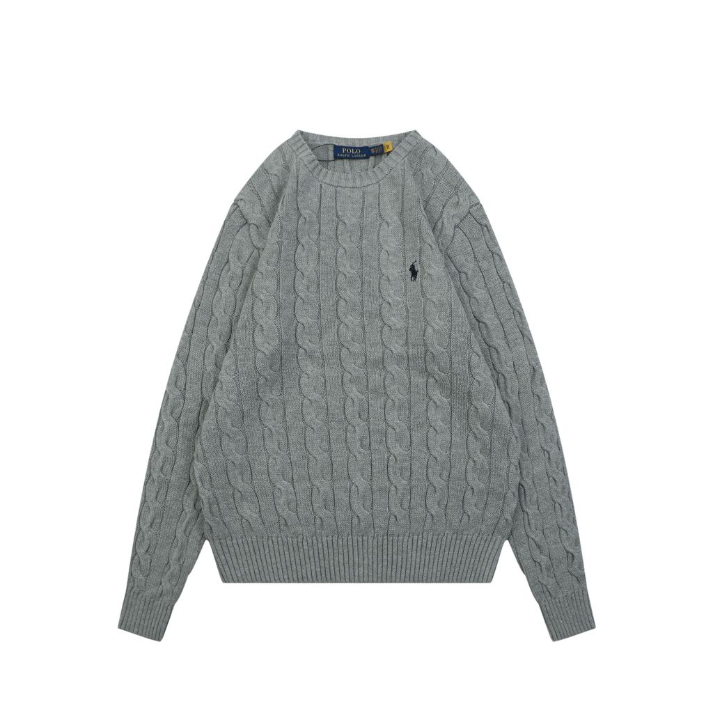 Ralph Lauren Pony Logo cable knit crew neck sweater grey heather 100 percent long staple cotton 32 count yarn 6x6 STOLL knit Barudan embroidery unisex sizes XS-XL