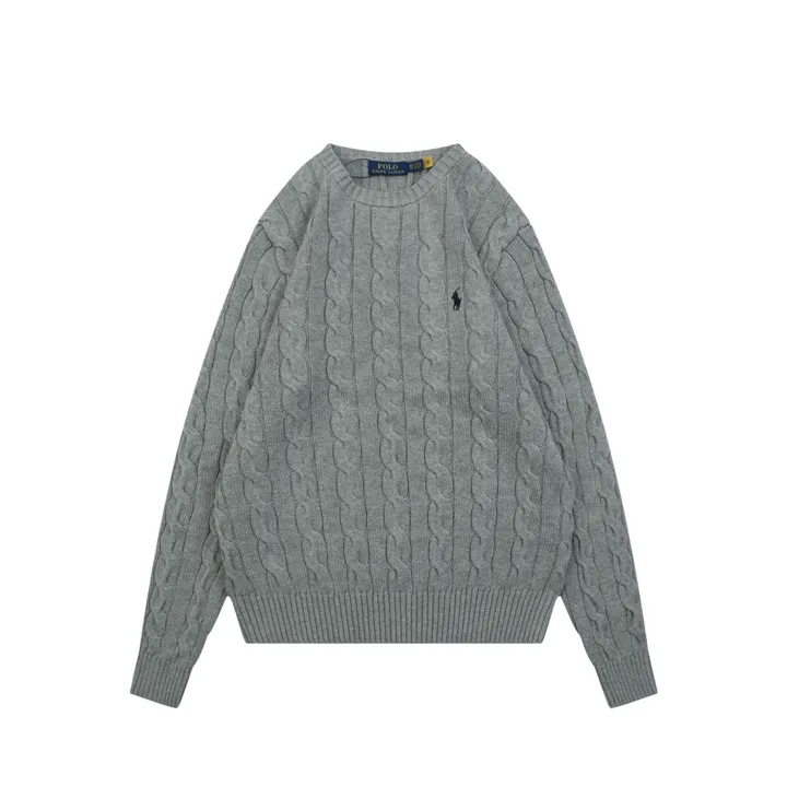 Ralph Lauren Pony Logo cable knit crew neck sweater grey heather 100 percent long staple cotton 32 count yarn 6x6 STOLL knit Barudan embroidery unisex sizes XS-XL