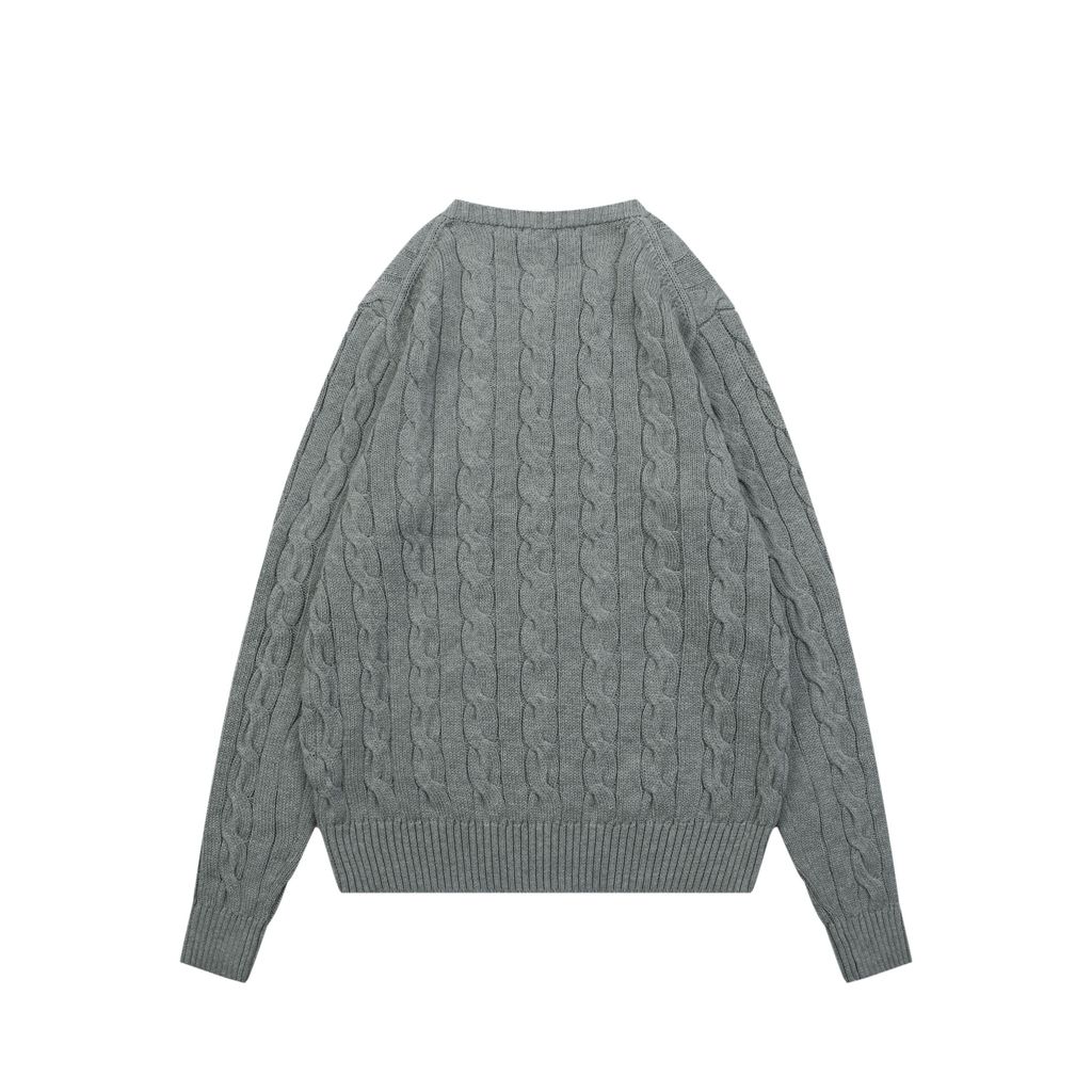 Ralph Lauren Pony Logo cable knit crew neck sweater grey heather 100 percent long staple cotton 32 count yarn 6x6 STOLL knit Barudan embroidery unisex sizes XS-XL