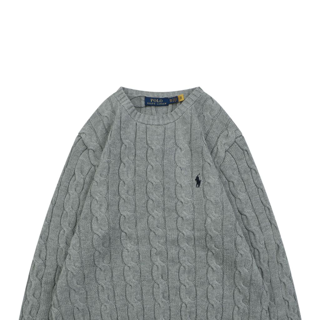 Ralph Lauren Pony Logo cable knit crew neck sweater grey heather 100 percent long staple cotton 32 count yarn 6x6 STOLL knit Barudan embroidery unisex sizes XS-XL