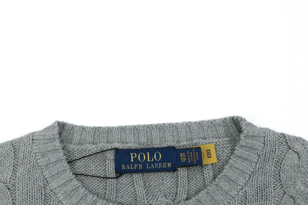 Ralph Lauren Pony Logo cable knit crew neck sweater grey heather 100 percent long staple cotton 32 count yarn 6x6 STOLL knit Barudan embroidery unisex sizes XS-XL