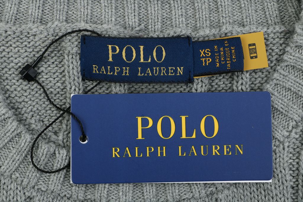 Ralph Lauren Pony Logo cable knit crew neck sweater grey heather 100 percent long staple cotton 32 count yarn 6x6 STOLL knit Barudan embroidery unisex sizes XS-XL