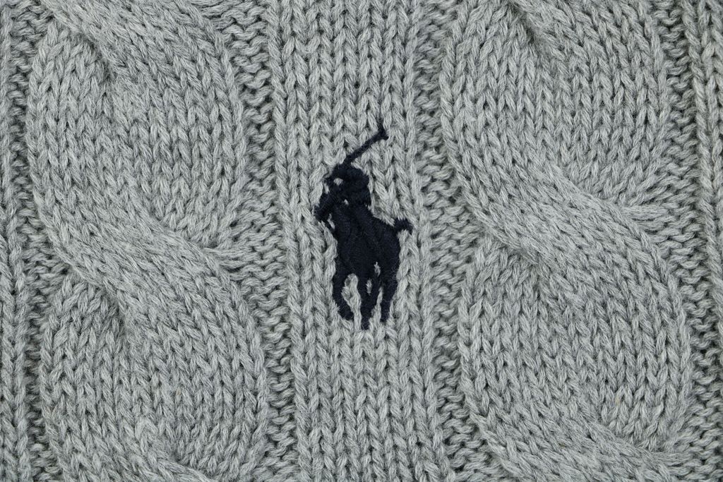Ralph Lauren Pony Logo cable knit crew neck sweater grey heather 100 percent long staple cotton 32 count yarn 6x6 STOLL knit Barudan embroidery unisex sizes XS-XL