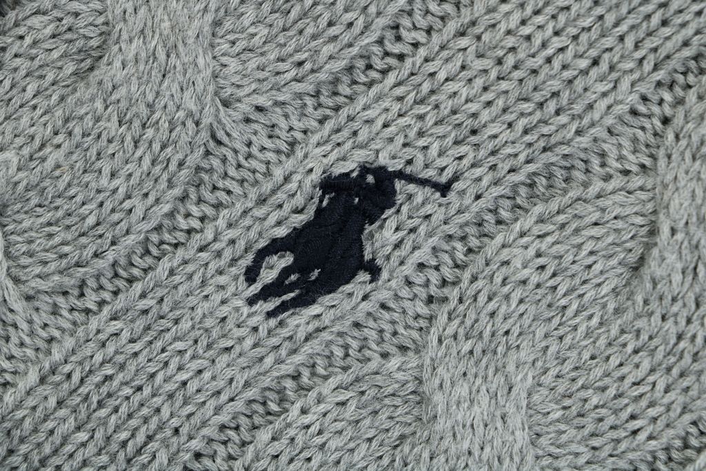 Ralph Lauren Pony Logo cable knit crew neck sweater grey heather 100 percent long staple cotton 32 count yarn 6x6 STOLL knit Barudan embroidery unisex sizes XS-XL