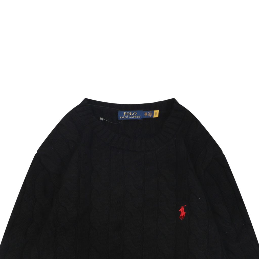 Ralph Lauren Pony Logo cable knit crew neck sweater black 100 percent long staple cotton 32 count yarn 6x6 STOLL knit Barudan embroidery unisex sizes XS-2XL