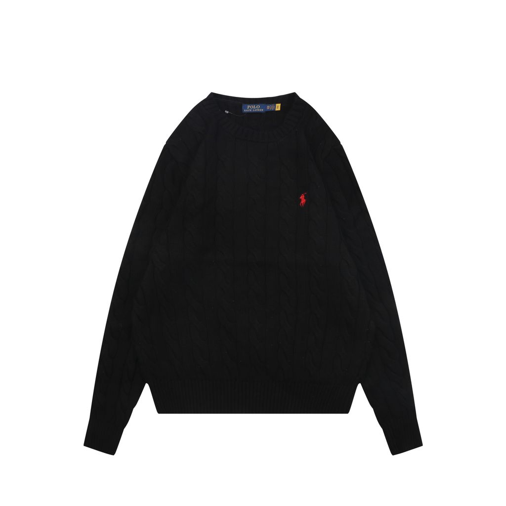 Ralph Lauren Pony Logo cable knit crew neck sweater black 100 percent long staple cotton 32 count yarn 6x6 STOLL knit Barudan embroidery unisex sizes XS-2XL