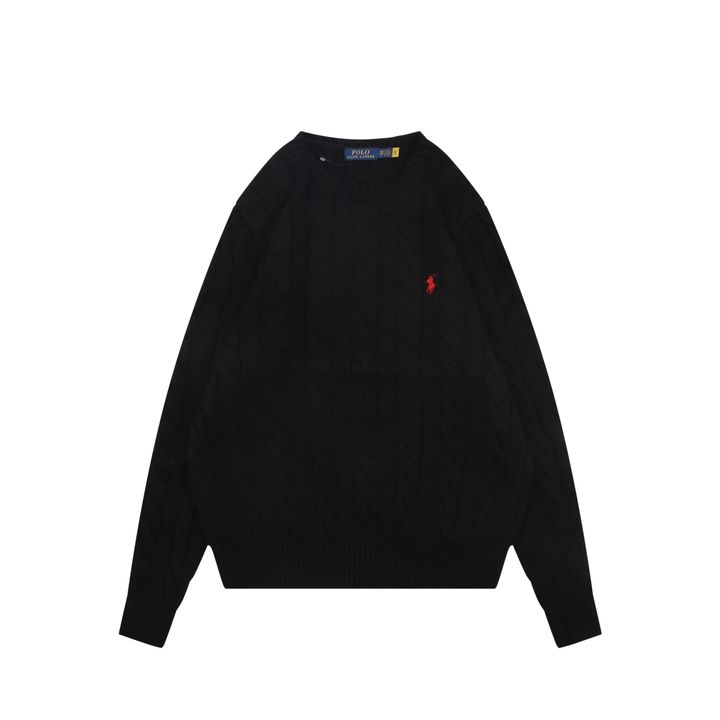 Ralph Lauren Pony Logo cable knit crew neck sweater black 100 percent long staple cotton 32 count yarn 6x6 STOLL knit Barudan embroidery unisex sizes XS-2XL