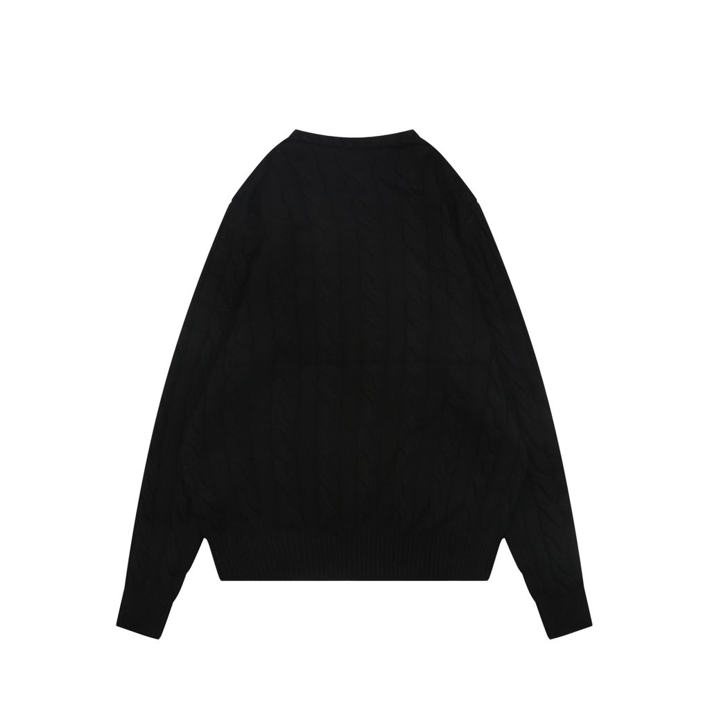 Ralph Lauren Pony Logo cable knit crew neck sweater black 100 percent long staple cotton 32 count yarn 6x6 STOLL knit Barudan embroidery unisex sizes XS-2XL