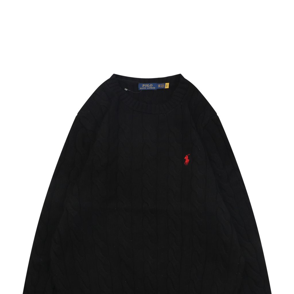 Ralph Lauren Pony Logo cable knit crew neck sweater black 100 percent long staple cotton 32 count yarn 6x6 STOLL knit Barudan embroidery unisex sizes XS-2XL
