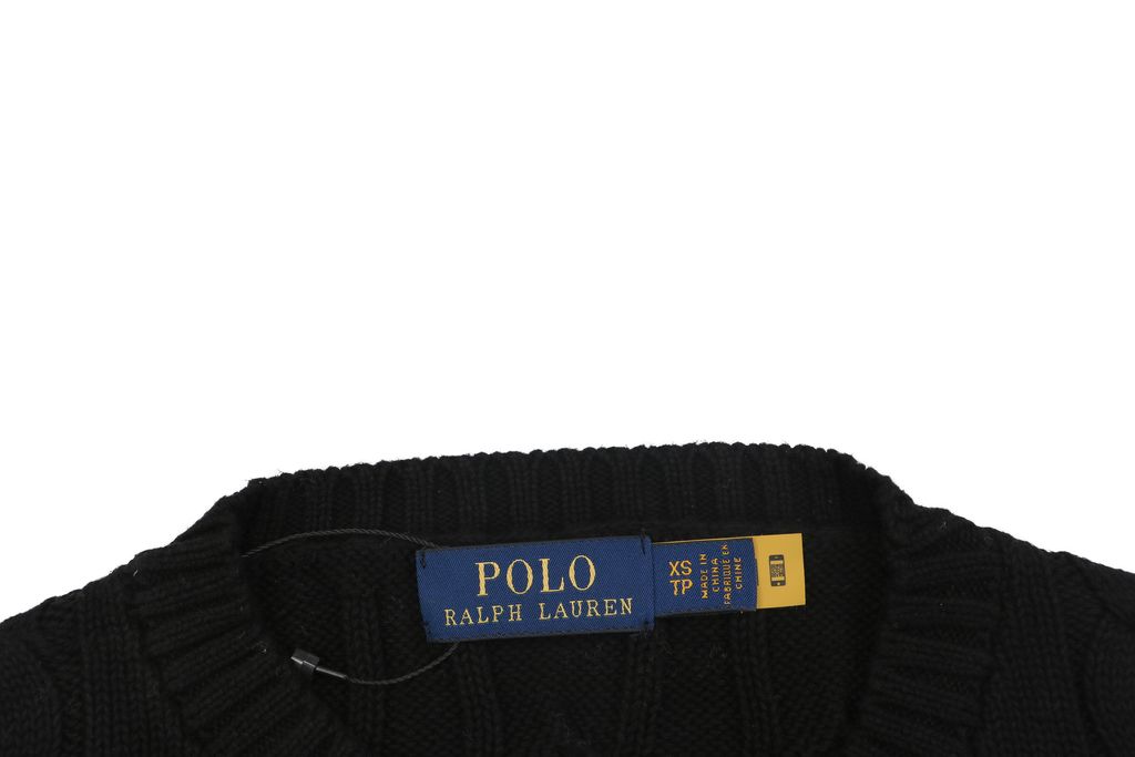 Ralph Lauren Pony Logo cable knit crew neck sweater black 100 percent long staple cotton 32 count yarn 6x6 STOLL knit Barudan embroidery unisex sizes XS-2XL