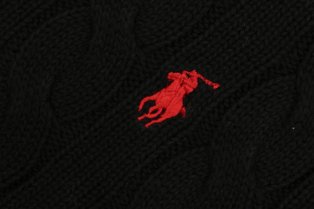 Ralph Lauren Pony Logo cable knit crew neck sweater black 100 percent long staple cotton 32 count yarn 6x6 STOLL knit Barudan embroidery unisex sizes XS-2XL