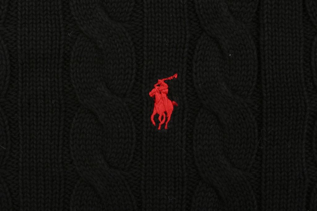 Ralph Lauren Pony Logo cable knit crew neck sweater black 100 percent long staple cotton 32 count yarn 6x6 STOLL knit Barudan embroidery unisex sizes XS-2XL