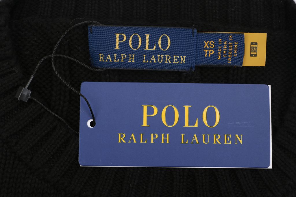 Ralph Lauren Pony Logo cable knit crew neck sweater black 100 percent long staple cotton 32 count yarn 6x6 STOLL knit Barudan embroidery unisex sizes XS-2XL