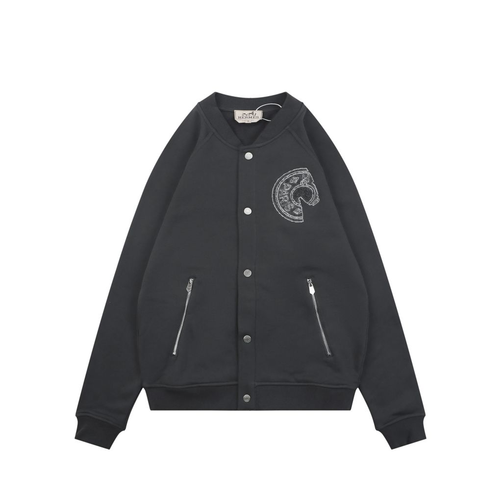 Hermes distressed semicircle letter print jacket smoky grey fleece feel cotton towel embroidered saddle stud badge pre enzyme washed outerwear sizes S-XL