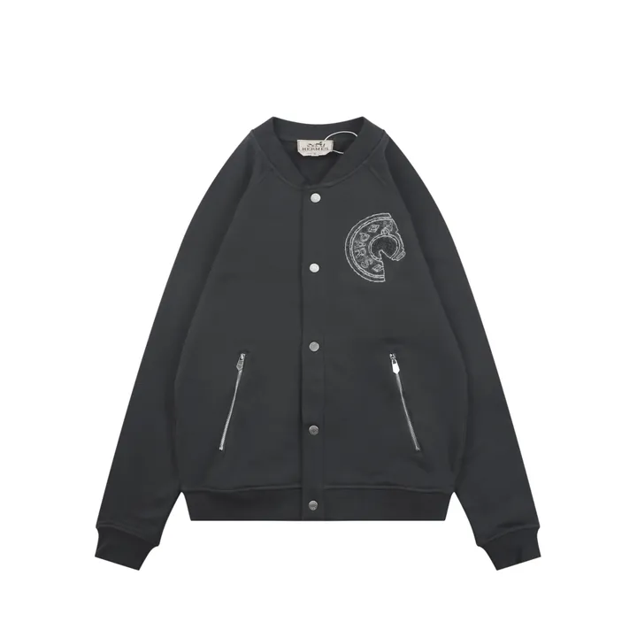 Hermes distressed semicircle letter print jacket smoky grey fleece feel cotton towel embroidered saddle stud badge pre enzyme washed outerwear sizes S-XL