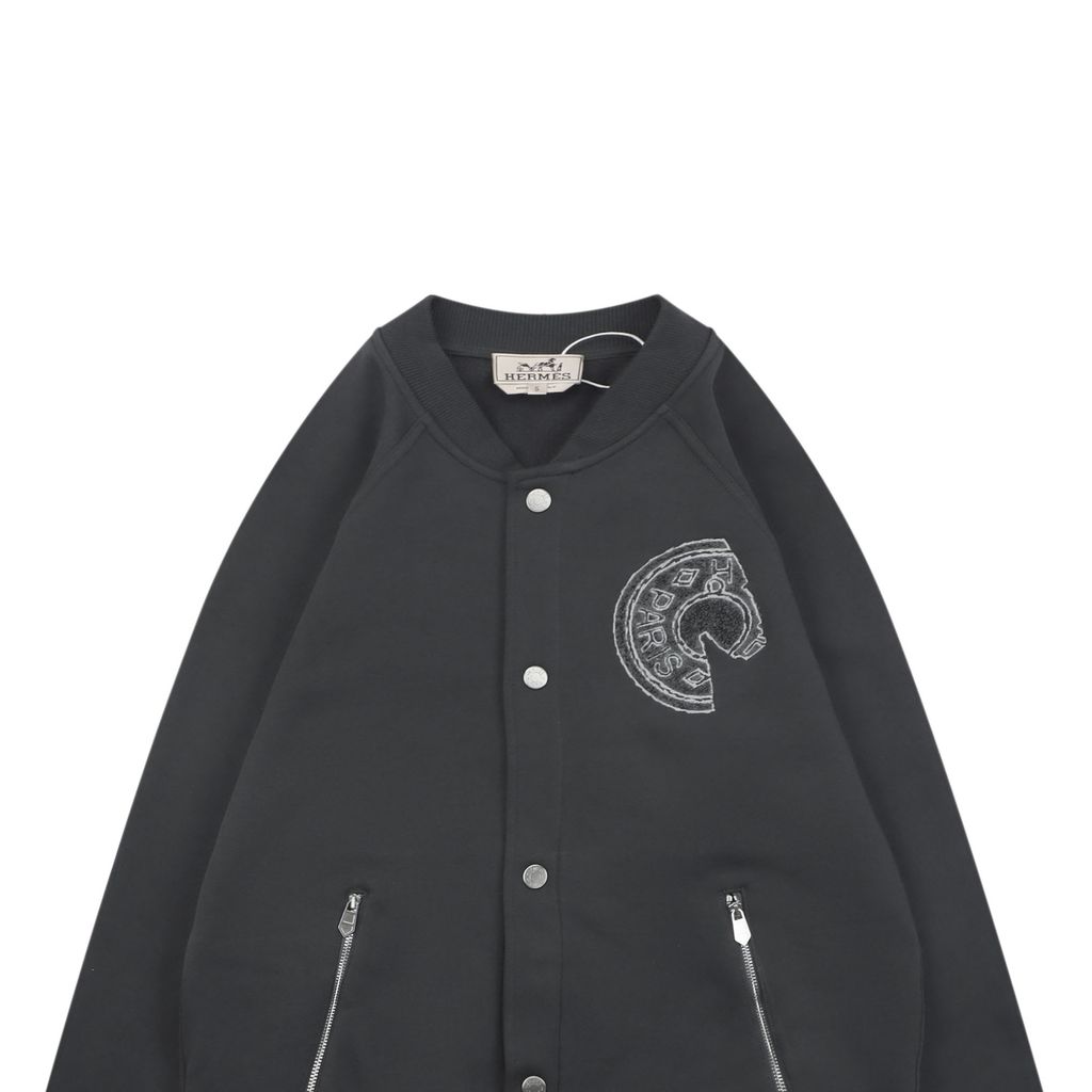 Hermes distressed semicircle letter print jacket smoky grey fleece feel cotton towel embroidered saddle stud badge pre enzyme washed outerwear sizes S-XL