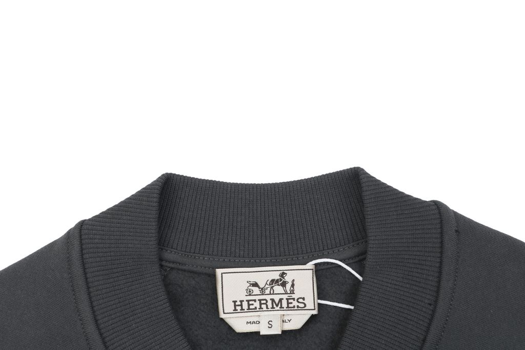 Hermes distressed semicircle letter print jacket smoky grey fleece feel cotton towel embroidered saddle stud badge pre enzyme washed outerwear sizes S-XL
