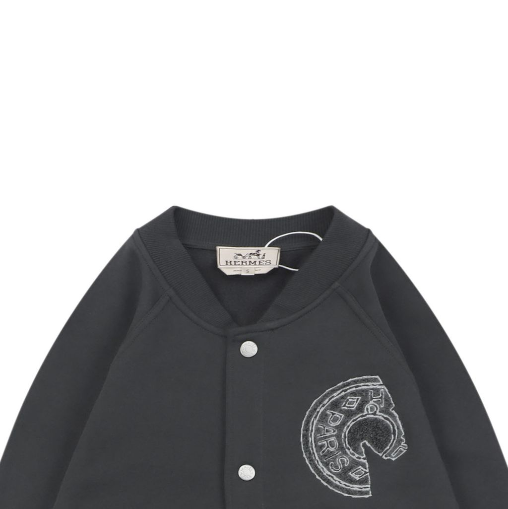 Hermes distressed semicircle letter print jacket smoky grey fleece feel cotton towel embroidered saddle stud badge pre enzyme washed outerwear sizes S-XL