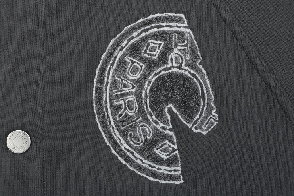 Hermes distressed semicircle letter print jacket smoky grey fleece feel cotton towel embroidered saddle stud badge pre enzyme washed outerwear sizes S-XL