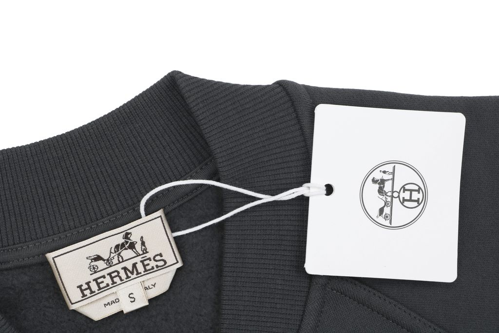 Hermes distressed semicircle letter print jacket smoky grey fleece feel cotton towel embroidered saddle stud badge pre enzyme washed outerwear sizes S-XL