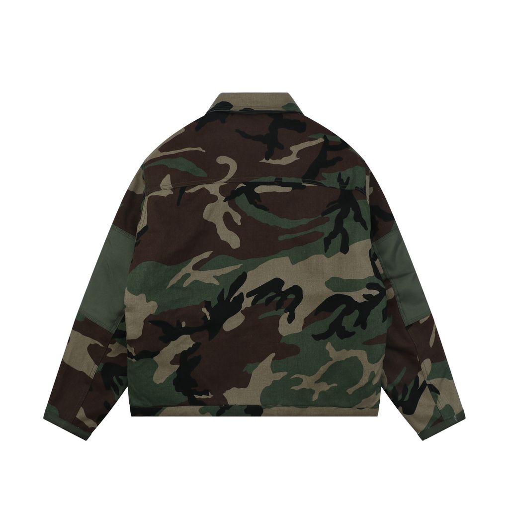 Stussy four pocket tonal jacquard embroidered work jacket structured fabric chest letter logo relaxed drop shoulder unisex utility outerwear sizes S-XL