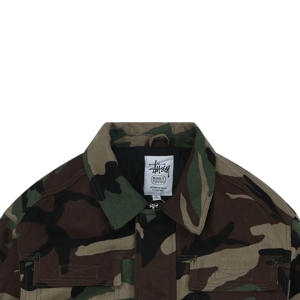 Stussy four pocket tonal jacquard embroidered work jacket structured fabric chest letter logo relaxed drop shoulder unisex utility outerwear sizes S-XL
